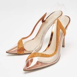 Pre Owned Gianvito Rossi Transparent/Orange PVC and Suede Embellished Hortensia Pumps Size 37.5