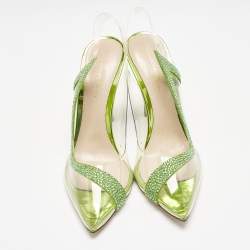 Pre Owned Gianvito Rossi Transparent/Green PVC and Suede Embellished Hortensia Pumps Size 38.5