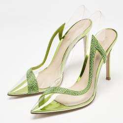 Pre Owned Gianvito Rossi Transparent/Green PVC and Suede Embellished Hortensia Pumps Size 38.5