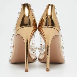 Pre Owned Gianvito Rossi Gold/Transparent Crystal Embellished Leather and PVC Lennox Pumps Size 40
