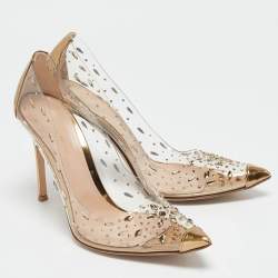 Pre Owned Gianvito Rossi Gold/Transparent Crystal Embellished Leather and PVC Lennox Pumps Size 40