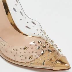 Pre Owned Gianvito Rossi Gold/Transparent Crystal Embellished Leather and PVC Lennox Pumps Size 40