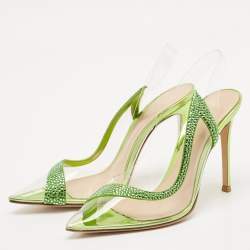 Gianvito Rossi Transparent/Green PVC and Suede Embellished Hortensia Pumps Size 37