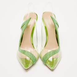 Gianvito Rossi Transparent/Green PVC and Suede Embellished Hortensia Pumps Size 37