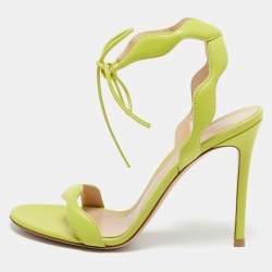 Pre Owned Gianvito Rossi Green Leather Wavy Ankle Tie Sandals Size 37.5