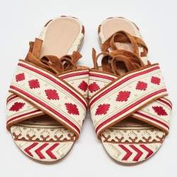 Pre Owned Gianvito Rossi Multicolor Embroidered Fabric Cheyenne Ankle Wrap Flat Sandals Size 40