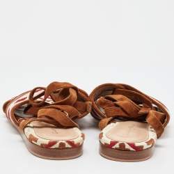 Pre Owned Gianvito Rossi Multicolor Embroidered Fabric Cheyenne Ankle Wrap Flat Sandals Size 40