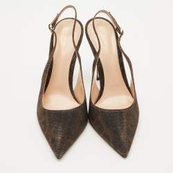 Pre Owned Gianvito Rossi Brown Glitter Fabric Ribbon Slingback Pumps Size 39