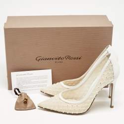 Gianvito Rossi White Leather and Mesh Crystal Embellished Rea Pumps Size 37