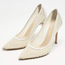 Gianvito Rossi White Leather and Mesh Crystal Embellished Rea Pumps Size 37