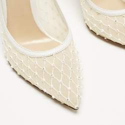 Gianvito Rossi White Leather and Mesh Crystal Embellished Rea Pumps Size 37