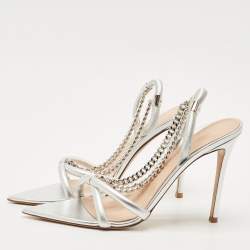 Gianvito Rossi Silver Leather Chain Detail Slingback Sandals Size 41