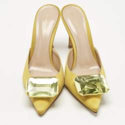 Gianvito Rossi Yellow Satin Crystal Embellished Jaipur Mules Size 37
