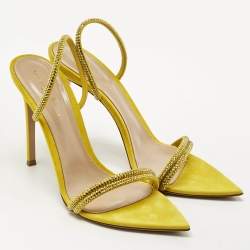 Gianvito Rossi Yellow Suede Crystal Embellished Cannes Sandals Size 40.5