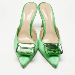 Pre Owned Gianvito Rossi Green Satin Jaipur Crystal Pointed Toe Mules Size 40