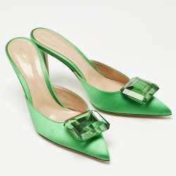 Pre Owned Gianvito Rossi Green Satin Jaipur Crystal Pointed Toe Mules Size 40