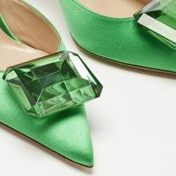 Pre Owned Gianvito Rossi Green Satin Jaipur Crystal Pointed Toe Mules Size 40