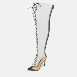 Pre Owned Gianvito Rossi Transparent/Black Leather and PVC Nikita Over The Knee Length Boots Size 38.5