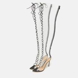 Pre Owned Gianvito Rossi Transparent/Black Leather and PVC Nikita Over The Knee Length Boots Size 38.5
