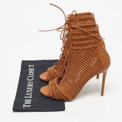 Pre Owned Gianvito Rossi Brown Woven Leather Marnie Lace Up Peep Toe Ankle Boots Size 39