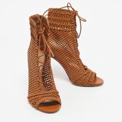 Pre Owned Gianvito Rossi Brown Woven Leather Marnie Lace Up Peep Toe Ankle Boots Size 39