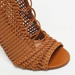 Pre Owned Gianvito Rossi Brown Woven Leather Marnie Lace Up Peep Toe Ankle Boots Size 39