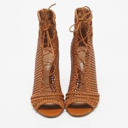 Pre Owned Gianvito Rossi Brown Woven Leather Marnie Lace Up Peep Toe Ankle Boots Size 39