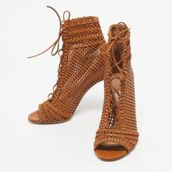 Pre Owned Gianvito Rossi Brown Woven Leather Marnie Lace Up Peep Toe Ankle Boots Size 39
