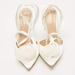 Pre Owned Gianvito Rossi White Satin Flower Embellished Ankle Wrap Pumps Size 41