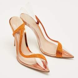Pre Owned Gianvito Rossi Transparent/Orange PVC and Suede Embellished Hortensia Pumps Size 39.5