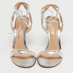 Pre Owned Gianvito Rossi Silver Leather Wavy Ankle Tie Sandals Size 37.5