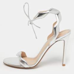 Pre Owned Gianvito Rossi Silver Leather Wavy Ankle Tie Sandals Size 37.5