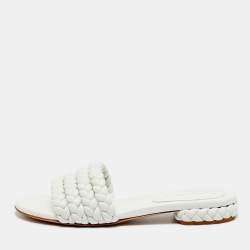 Pre Owned Gianvito Rossi White Braided Leather Flat Slides Size 38.5