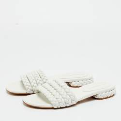 Pre Owned Gianvito Rossi White Braided Leather Flat Slides Size 38.5