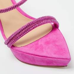 Pre Owned Gianvito Rossi Fuchsia Suede Crystal Embellished Cannes Sandals Size 38.5