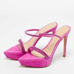 Pre Owned Gianvito Rossi Fuchsia Suede Crystal Embellished Cannes Sandals Size 38.5