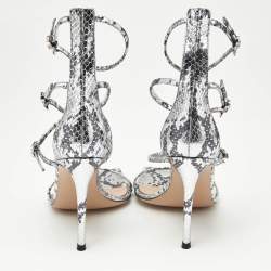 Pre Owned Gianvito Rossi Silver Snakeskin Embossed Leather Ribbon Uptown Sandals Size 38