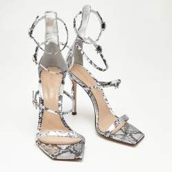 Pre Owned Gianvito Rossi Silver Snakeskin Embossed Leather Ribbon Uptown Sandals Size 38