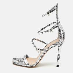Pre Owned Gianvito Rossi Silver Snakeskin Embossed Leather Ribbon Uptown Sandals Size 38