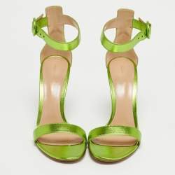 Pre Owned Gianvito Rossi Metallic Green Leather Portofino Ankle Strap Sandals Size 39
