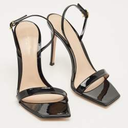 Pre Owned Gianvito Rossi Black Patent Leather Ribbon Stiletto Ankle Strap Sandals Size 38.5