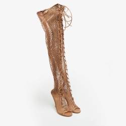 مملوكة مسبقًا Gianvito Rossi Fishnet Size 37 Beige Leather and Mesh Over The Knee Boots