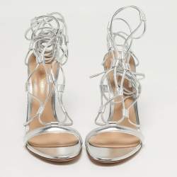 مملوكة مسبقًا Gianvito Rossi Giza Size 39.5 Silver Leather Ankle Wrap Sandals
