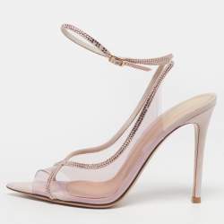 مملوكة مسبقًا Gianvito Rossi Crystelle Size 37 Pink/Transparent PVC and Suede Peep Toe Slingback Pumps