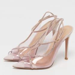 Pre Owned Gianvito Rossi Crystelle Size 37 Pink/Transparent PVC and Suede Peep Toe Slingback Pumps