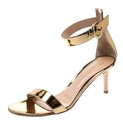Pre Owned Gianvito Rossi Gold Metallic Leather Portofino Ankle Strap Sandals 38