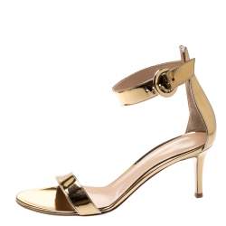 Pre Owned Gianvito Rossi Gold Metallic Leather Portofino Ankle Strap Sandals 38