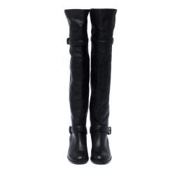 Pre Owned Gianvito Rossi Black Leather Buckle Detail Over The Knee Boots Size 37.5