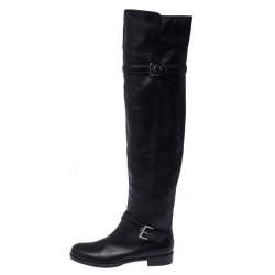 Pre Owned Gianvito Rossi Black Leather Buckle Detail Over The Knee Boots Size 37.5