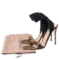 Pre Owned Gianvito Rossi Brown/Black Leopard Print Calf Hair And Elastic Fabric Ankle Wrap Sandals Size 41